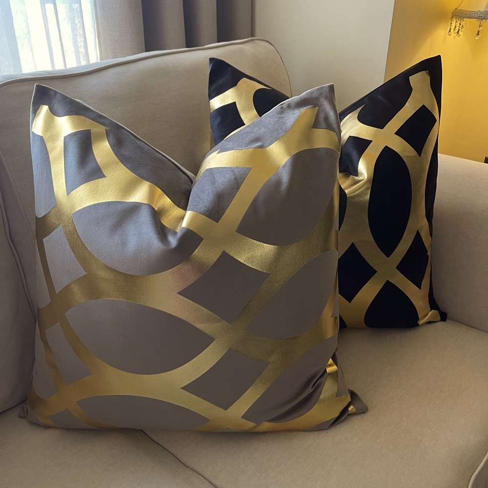 Two Luxury velvet  pillow grey,white, black with foil gold print Cover - Picture 12 of 17